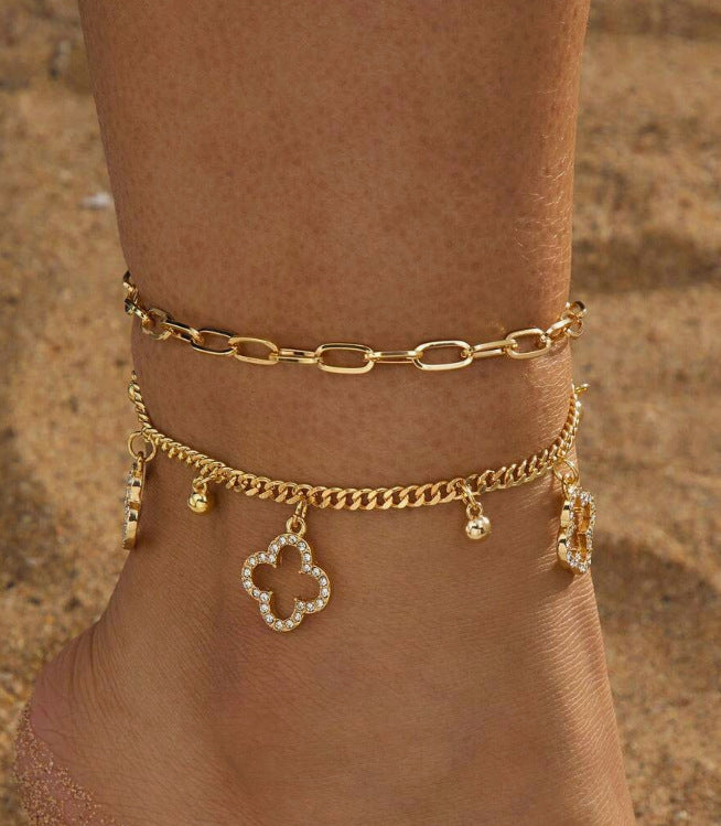 Four-Leaf Clover Double Layer Anklet — anklet, view 7