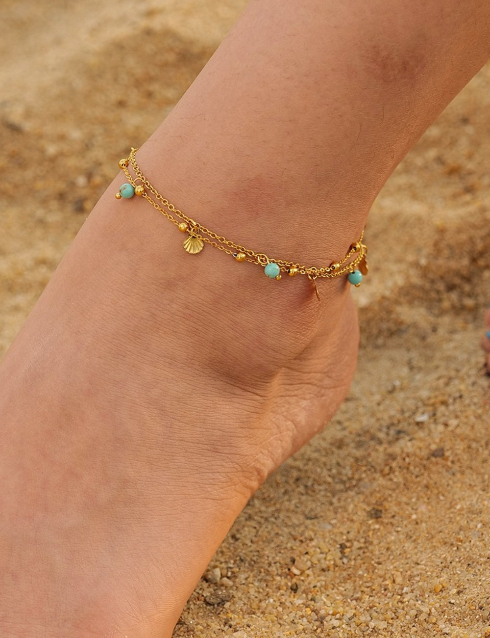 Blue Bead and Shell Pendant Anklet — gold anklet