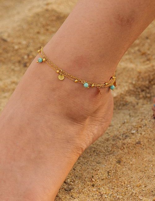 Blue Bead and Shell Pendant Anklet — gold anklet
