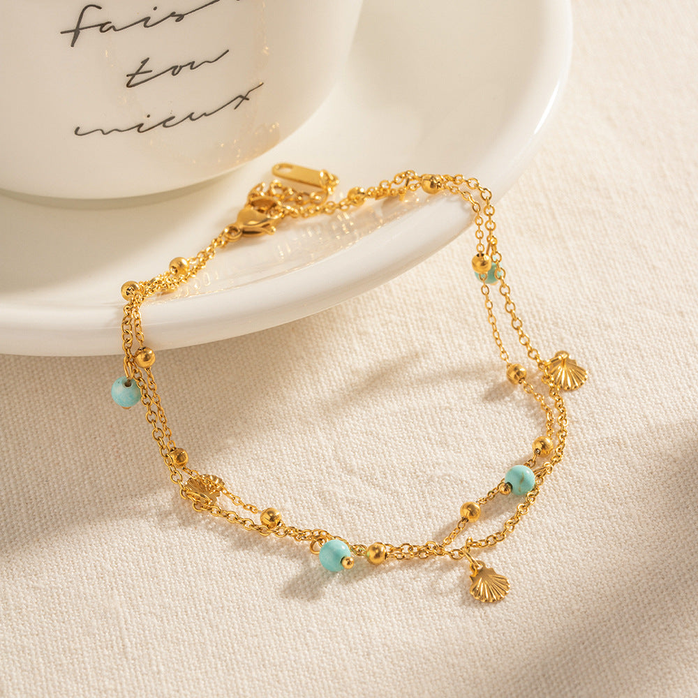 Blue Bead and Shell Pendant Anklet — gold anklet, view 2