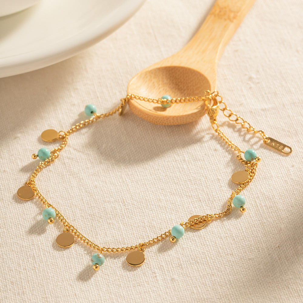 Blue Bead and Shell Pendant Anklet — gold anklet, view 3