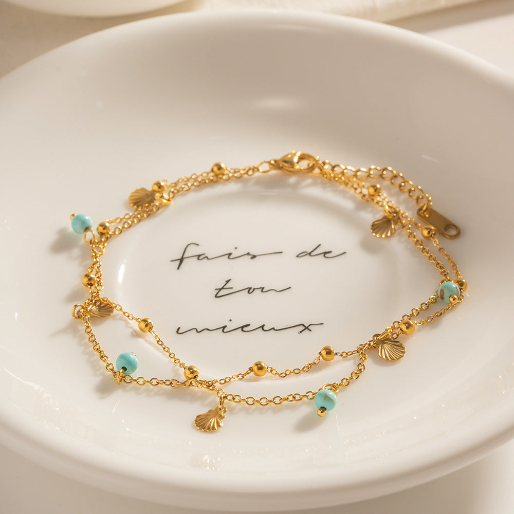 Blue Bead and Shell Pendant Anklet — gold anklet, view 4