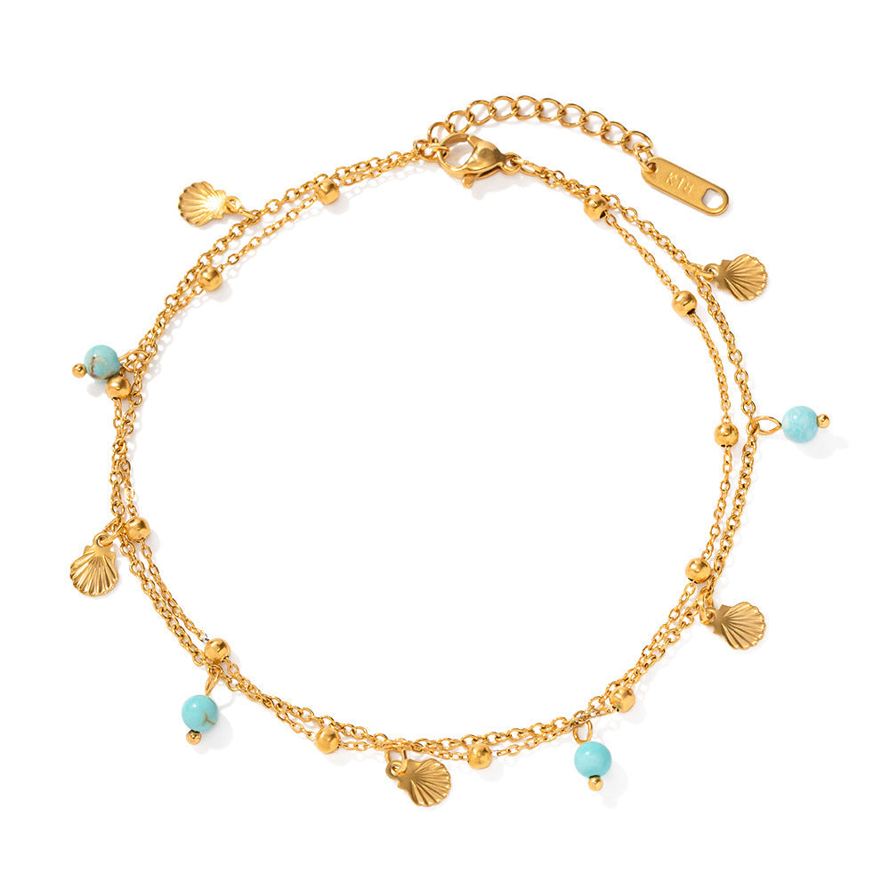 Blue Bead and Shell Pendant Anklet — gold anklet, view 5