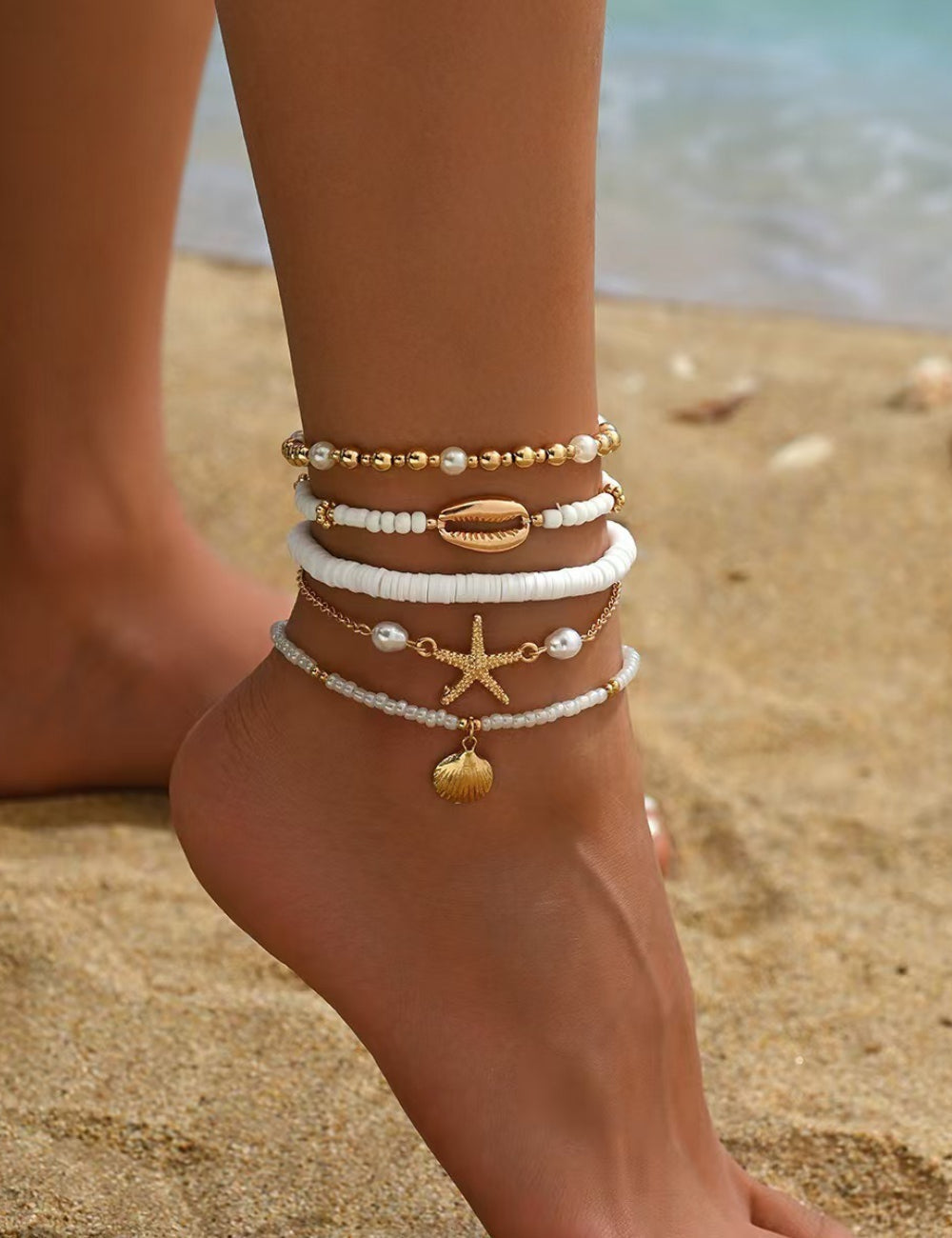 Pearl Bead and Shell Pendant Anklet — gold anklet