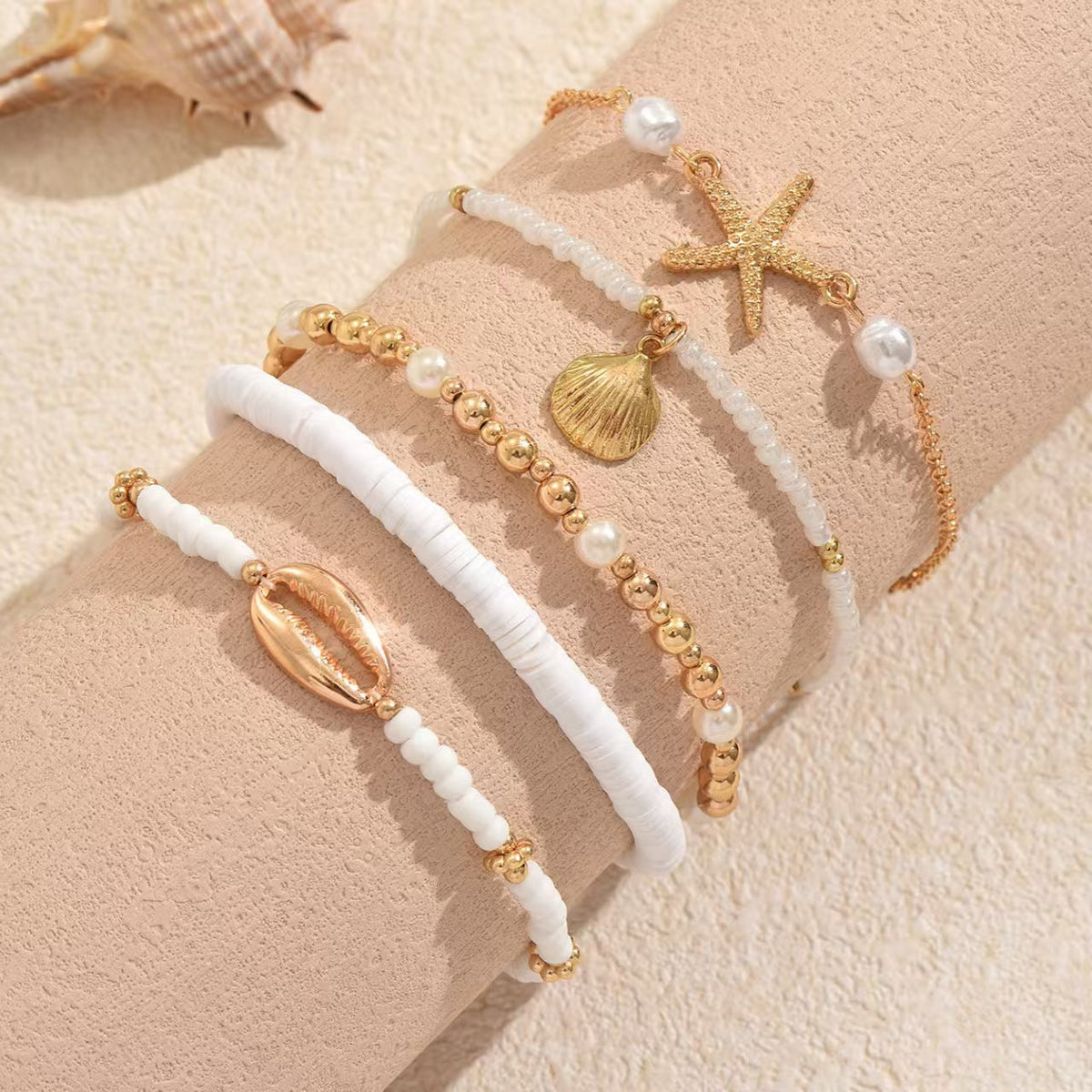 Pearl Bead and Shell Pendant Anklet — gold anklet, view 2