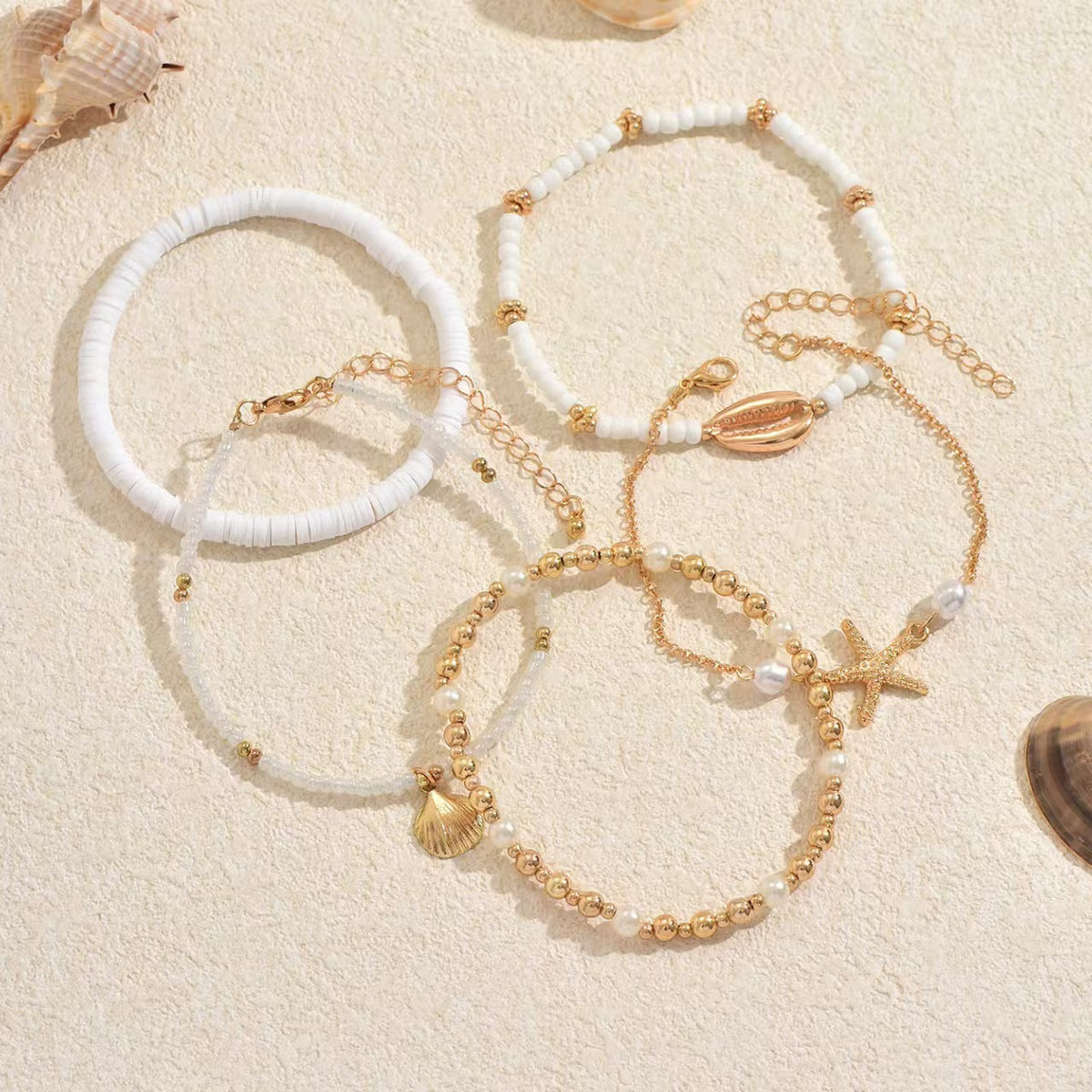 Pearl Bead and Shell Pendant Anklet — gold anklet, view 3