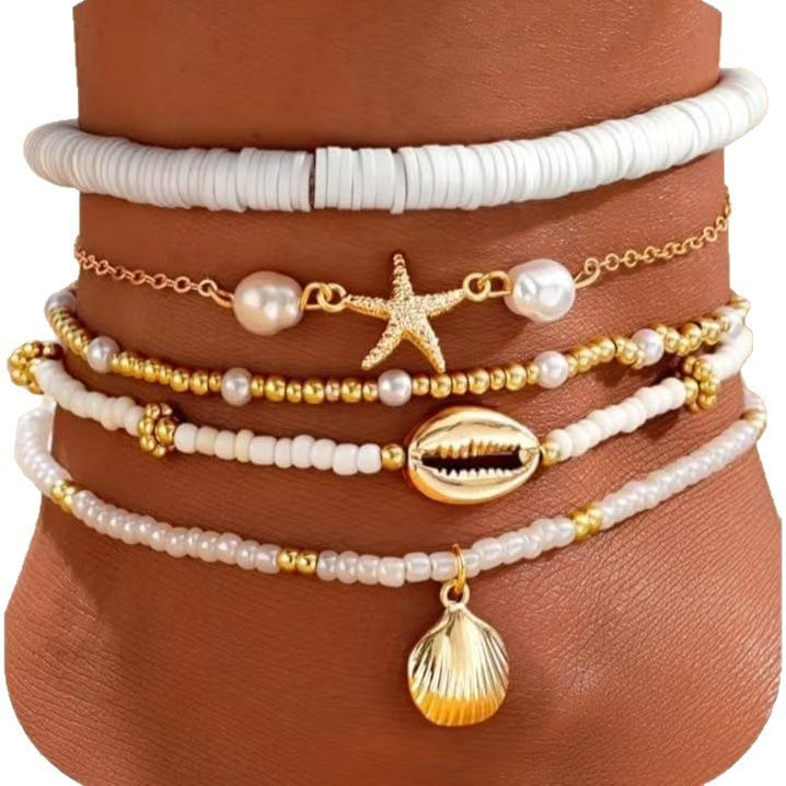 Pearl Bead and Shell Pendant Anklet — gold anklet, view 4