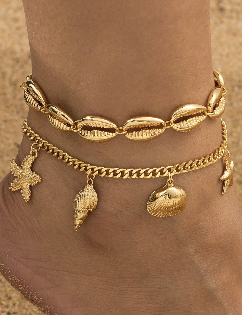Shell and Starfish Pendant Anklet — gold anklet