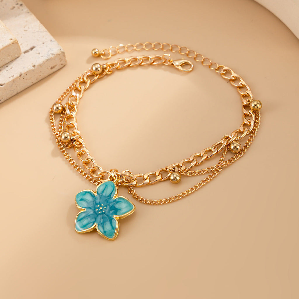 Blue Flower Pendant Chain Anklet — anklet, view 4