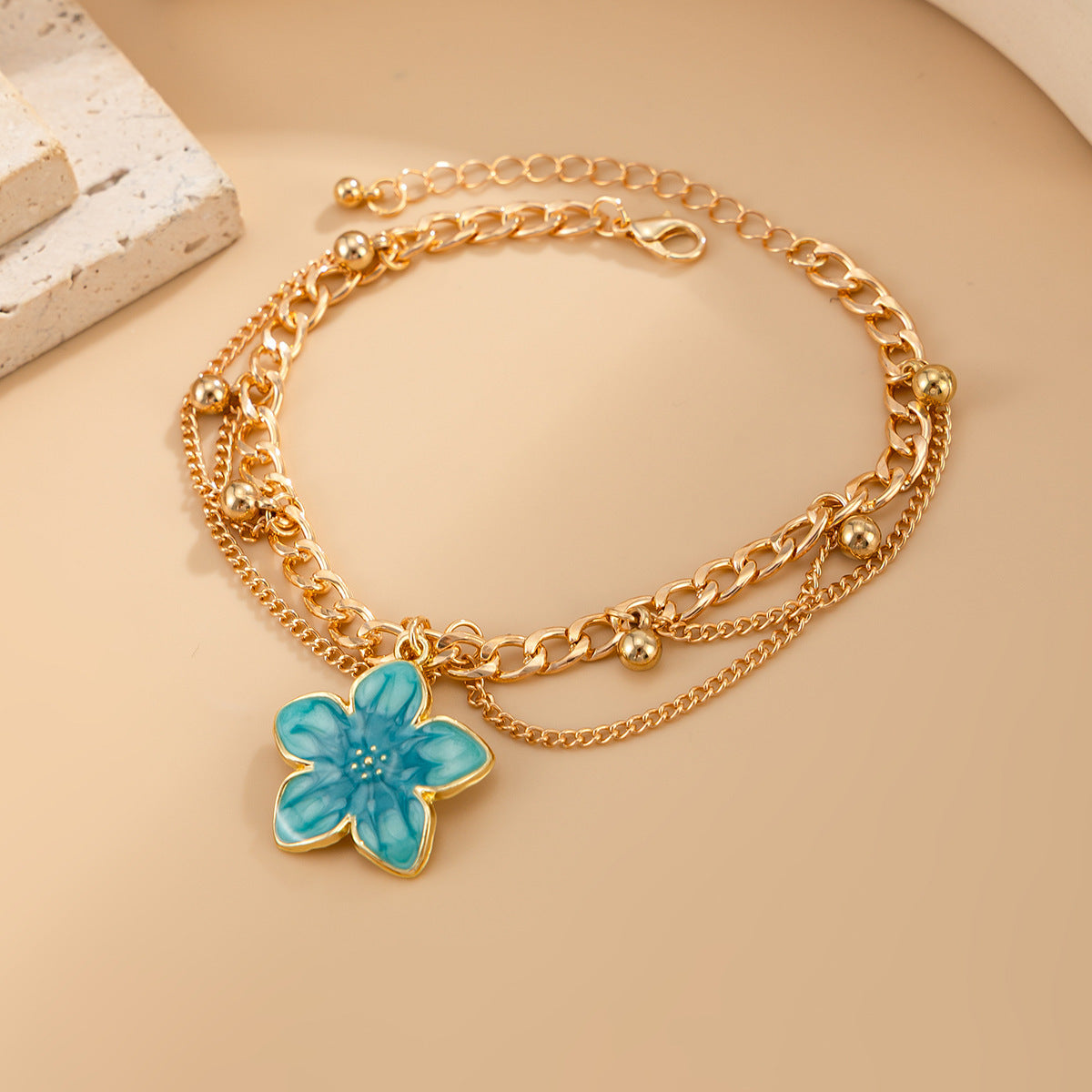 Blue Flower Pendant Chain Anklet — anklet, view 4