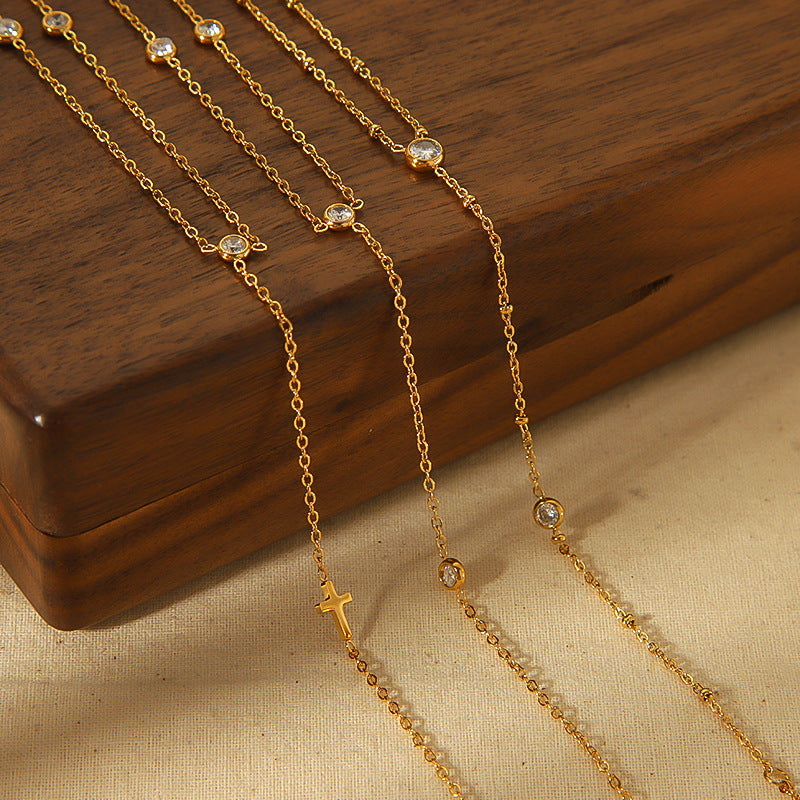 Zirconia Cross Anklet in Gold — gold anklet, view 2