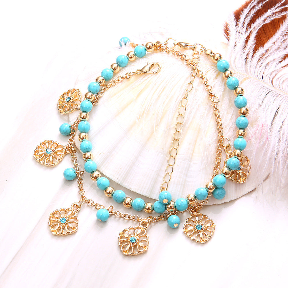 Floral Pendant Bead Chain Anklet — blue anklet, view 2