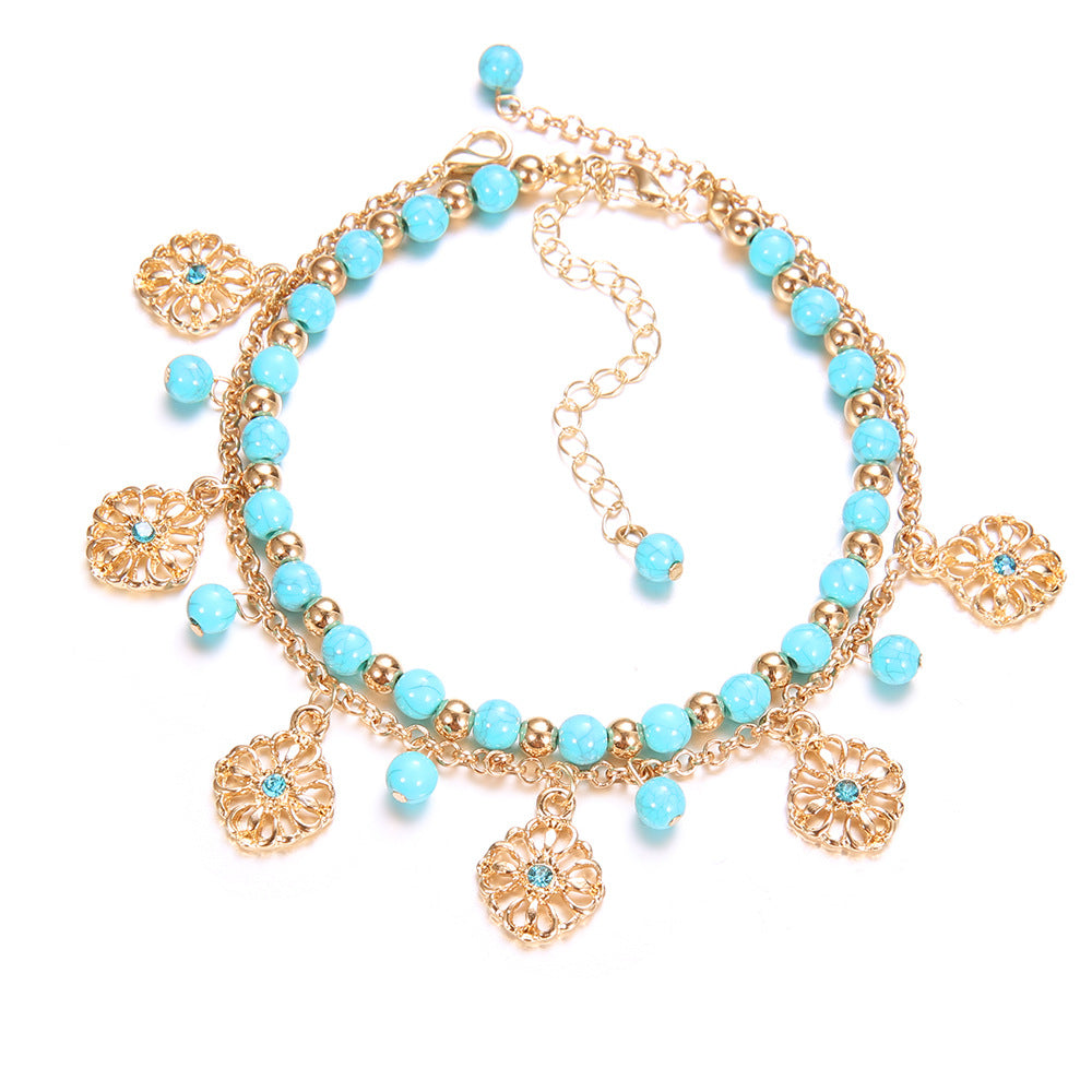 Floral Pendant Bead Chain Anklet — blue anklet, view 3