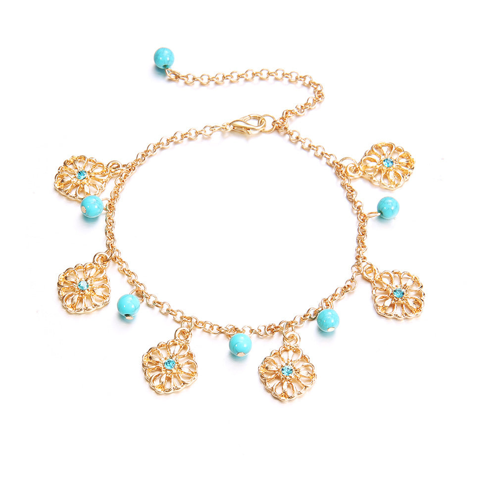 Floral Pendant Bead Chain Anklet — blue anklet, view 4