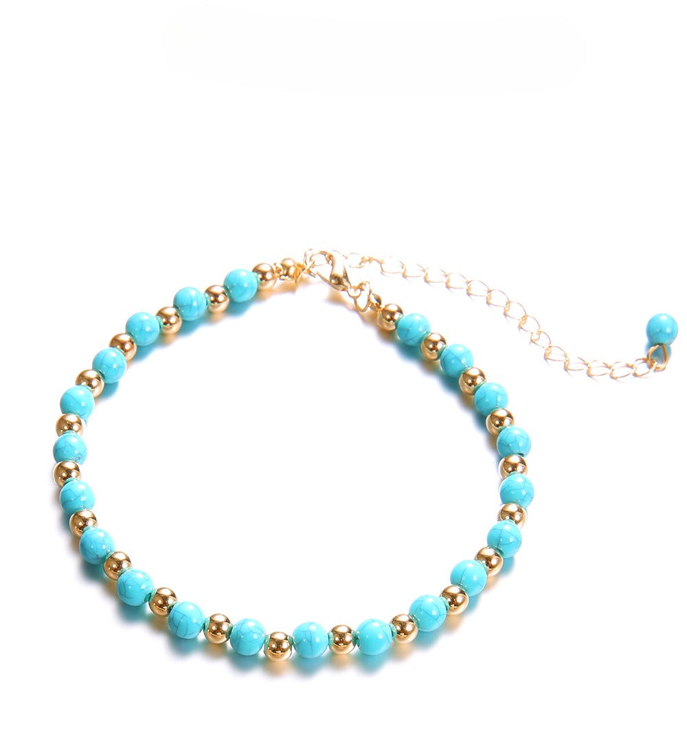 Floral Pendant Bead Chain Anklet — blue anklet, view 5