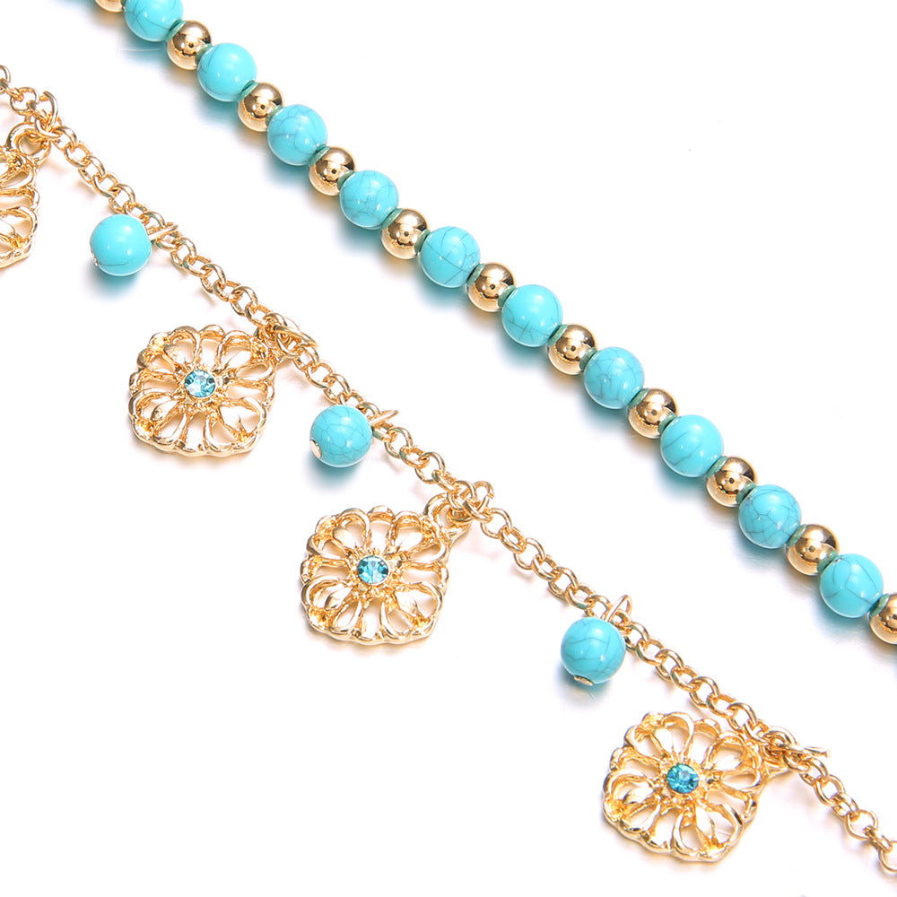 Floral Pendant Bead Chain Anklet — blue anklet, view 6