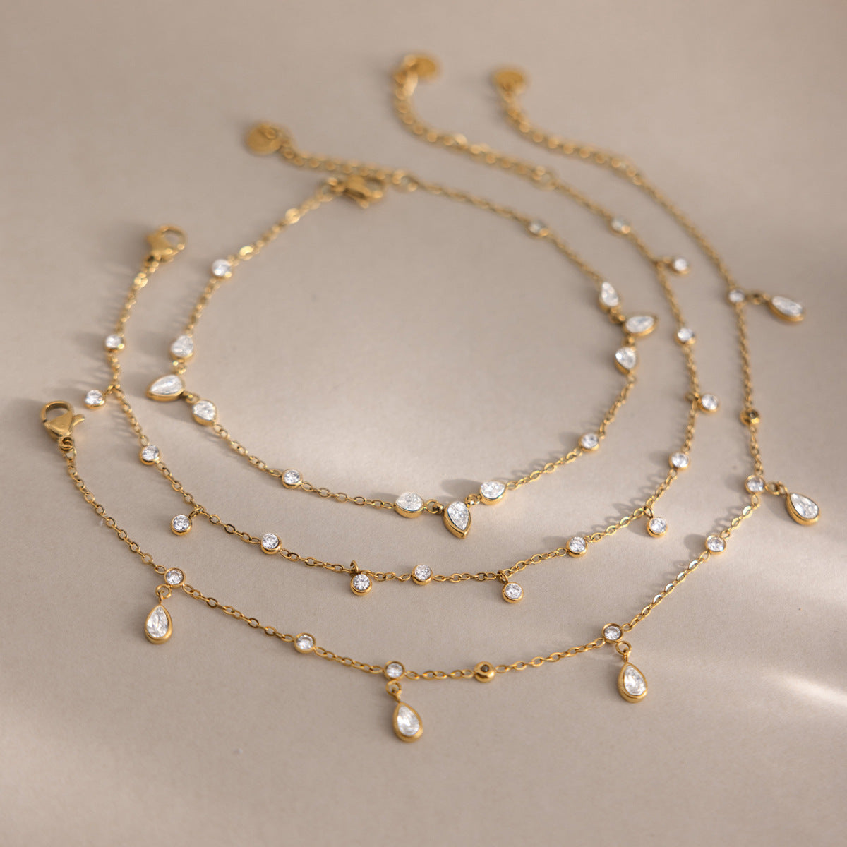 Zirconia Droplet Pendant Anklet — gold anklet, view 3