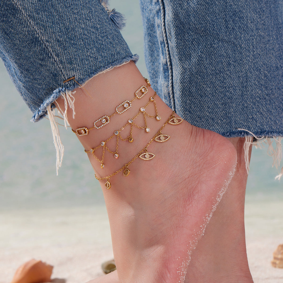 Double Layered Rhinestone Anklet — gold anklet, view 2