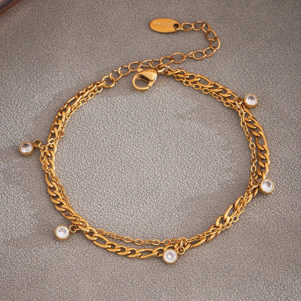 Double Layered Rhinestone Anklet — gold anklet, view 3