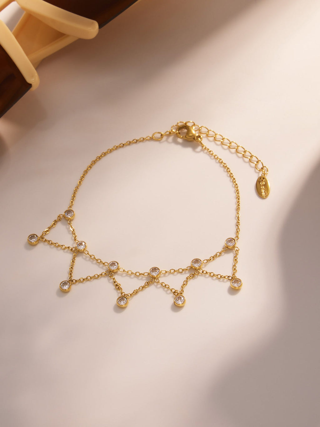 Double Layered Rhinestone Anklet — gold anklet, view 4