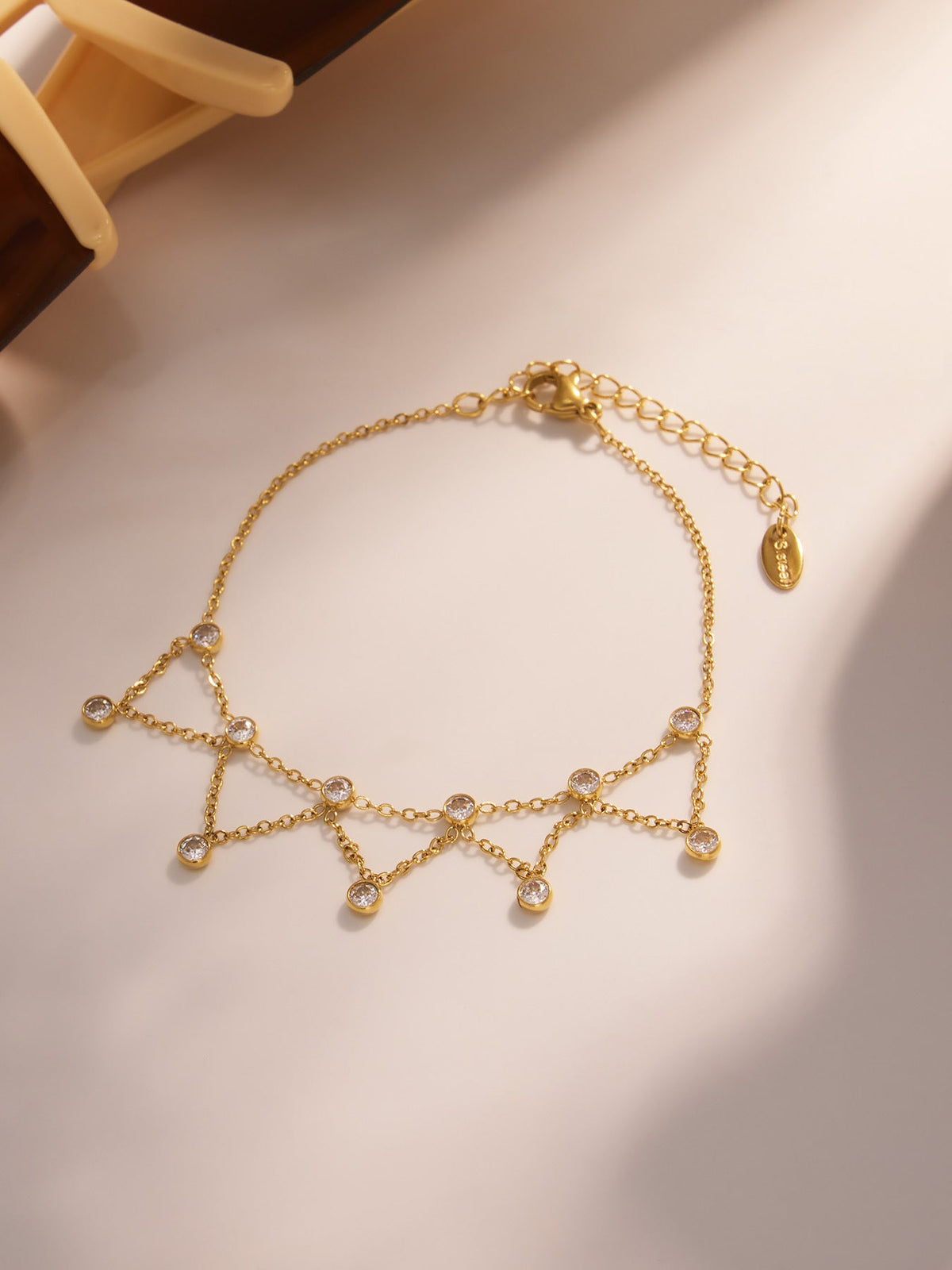Double Layered Rhinestone Anklet — gold anklet, view 4