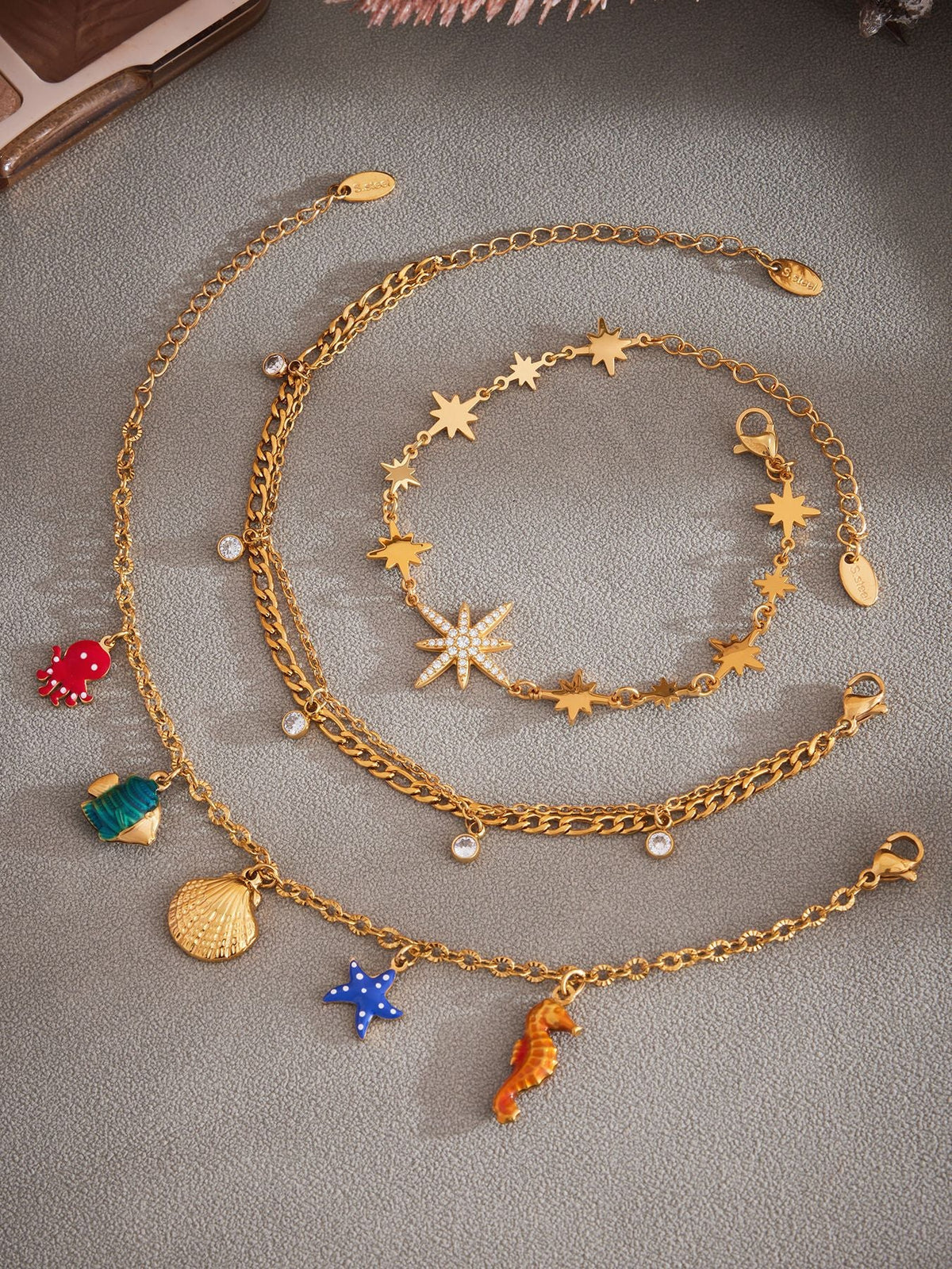 Double Layered Rhinestone Anklet — gold anklet, view 6