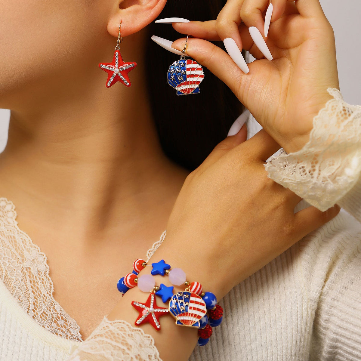 USA Flag Shell Pendant Earrings — earrings, view 2