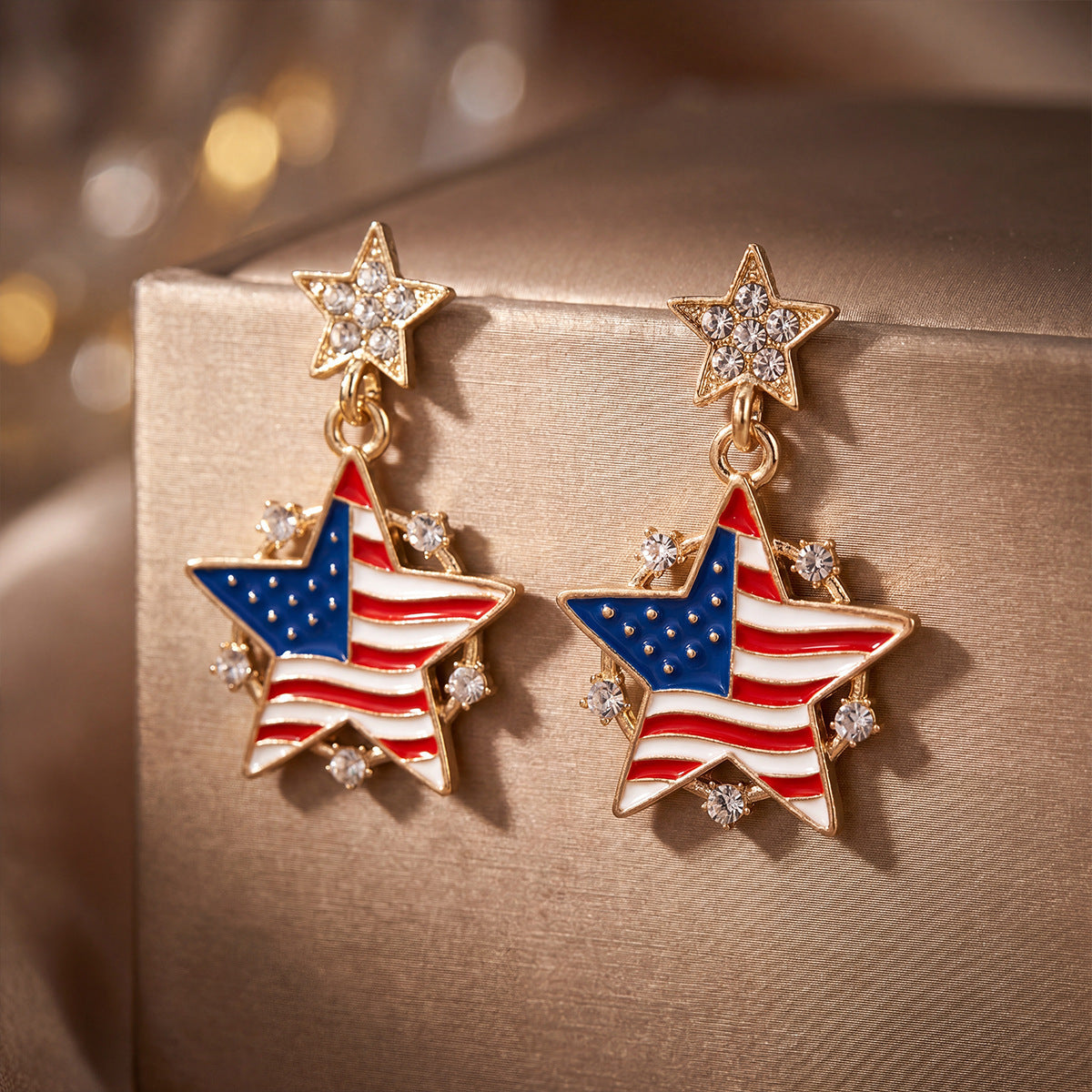 USA Flag Star Pendant Earrings — gold earrings, view 2