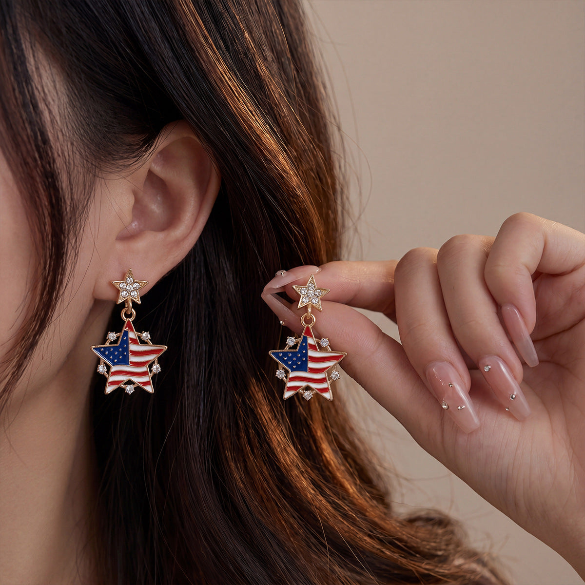 USA Flag Star Pendant Earrings — gold earrings, view 3