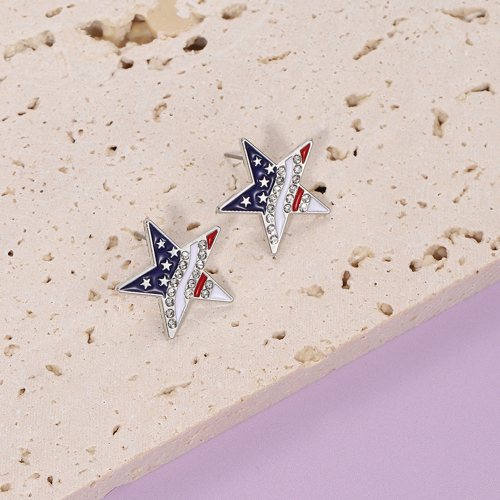 Flag Pattern Star Stud Earrings — silver earrings, view 2