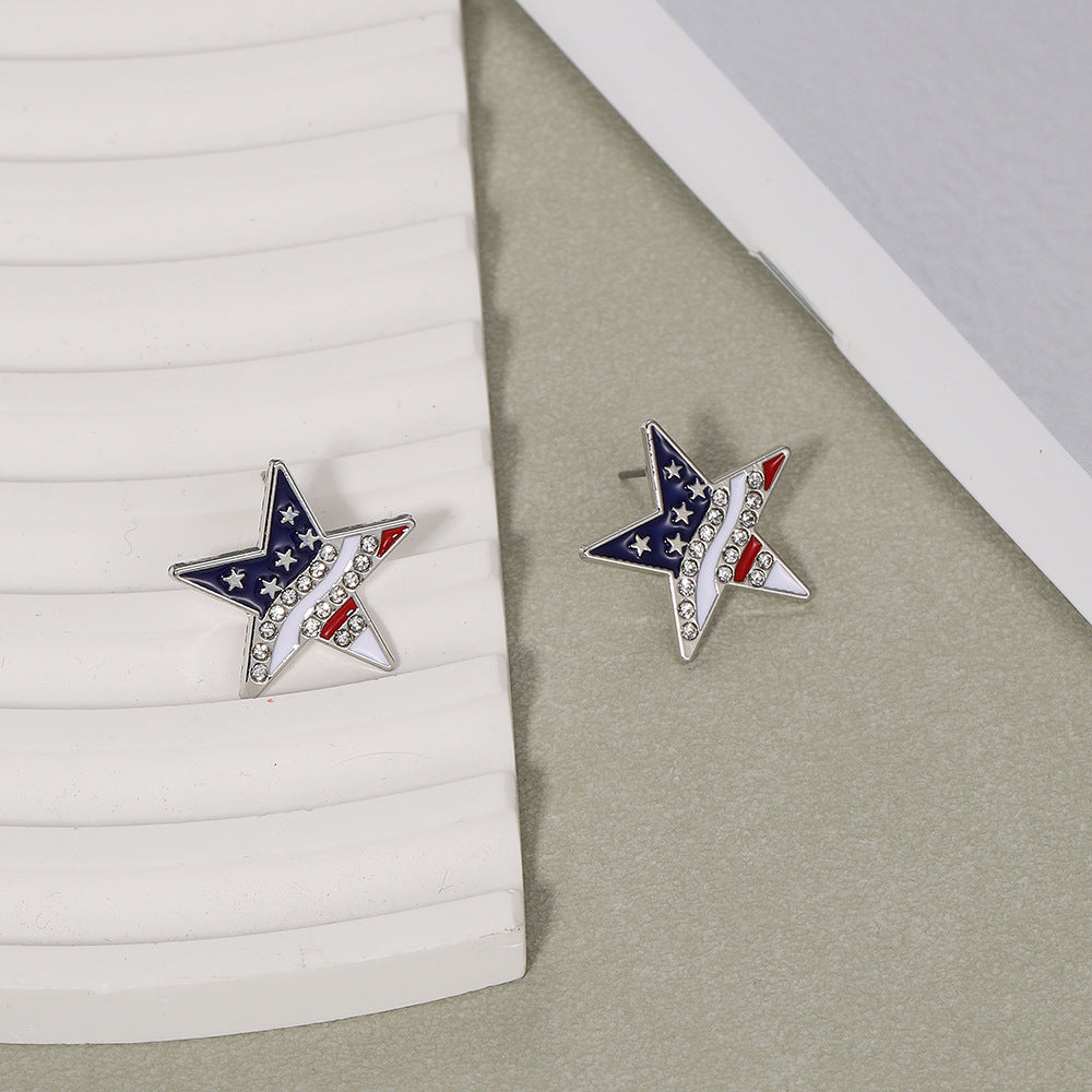 Flag Pattern Star Stud Earrings — silver earrings, view 4