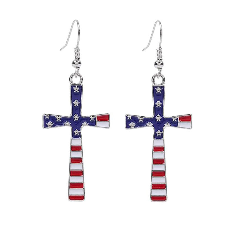 Flag Cross Pendant Earrings — red blue earrings, view 2