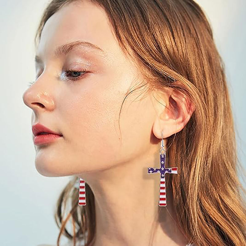 Flag Cross Pendant Earrings — red blue earrings, view 3