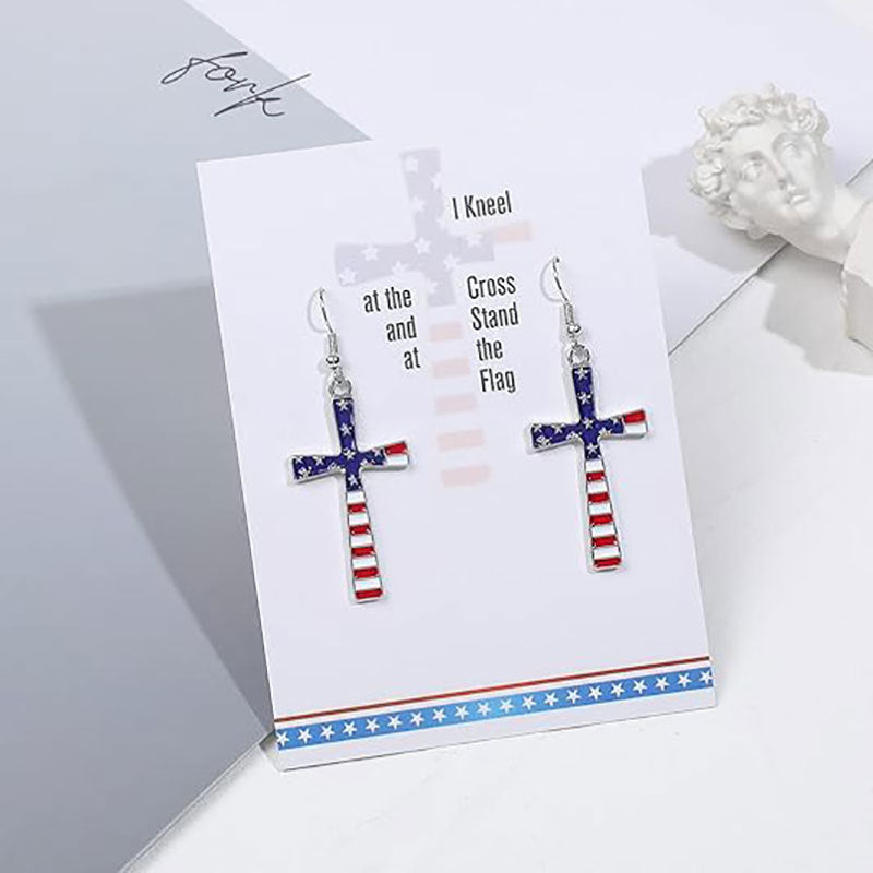 Flag Cross Pendant Earrings — red blue earrings, view 4