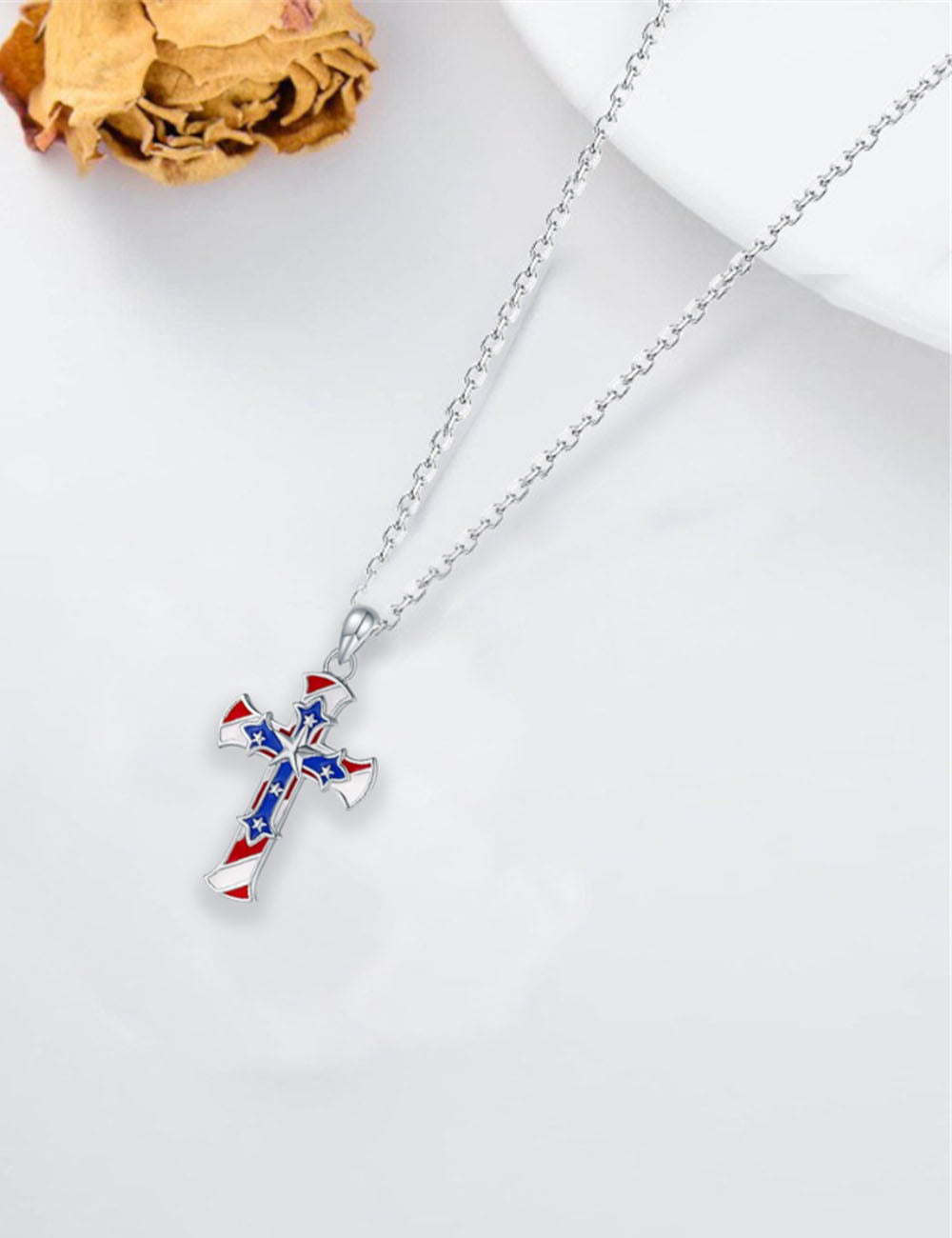Flag Pattern Cross Necklace — silver necklace