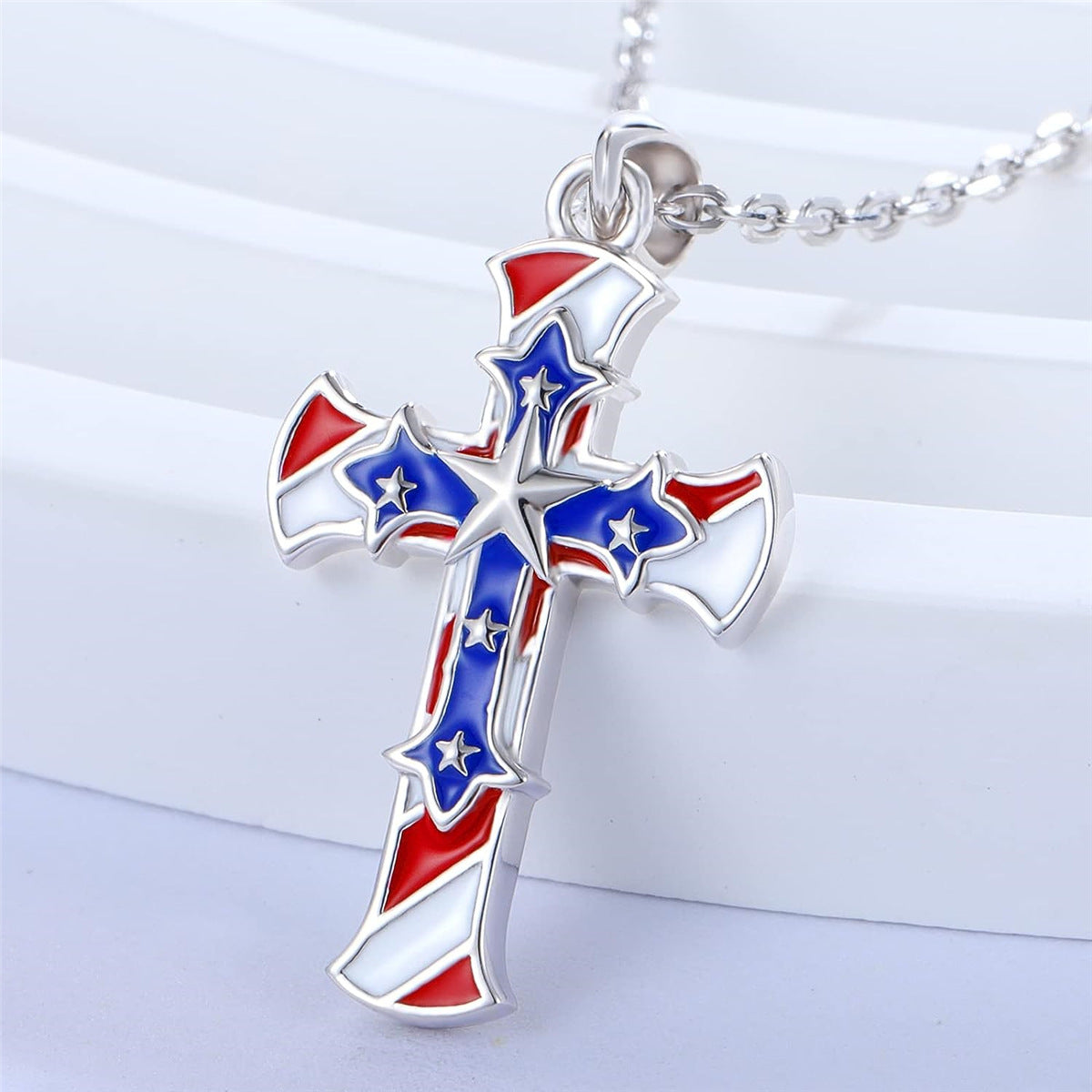 Flag Pattern Cross Necklace — silver necklace, view 2