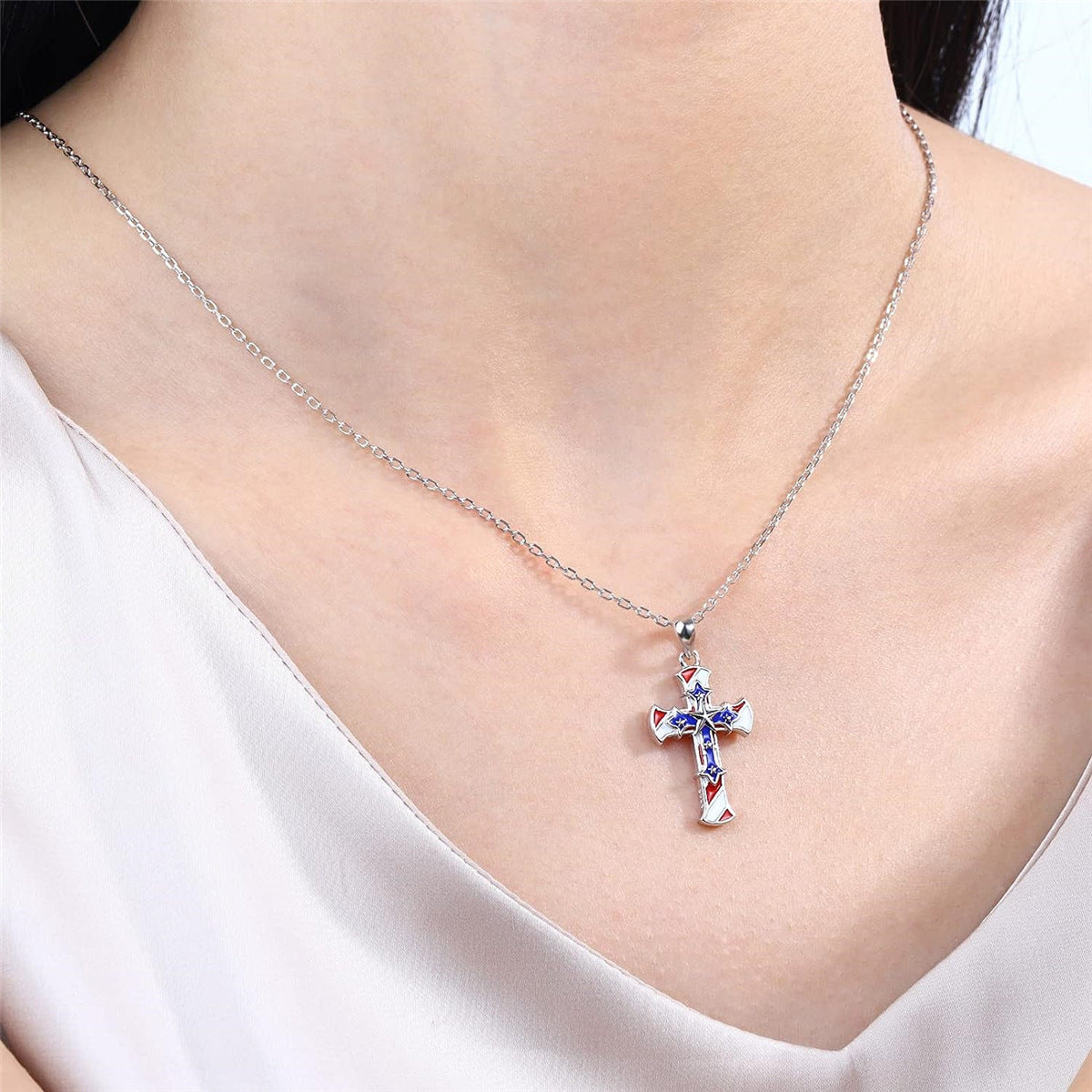 Flag Pattern Cross Necklace — silver necklace, view 3