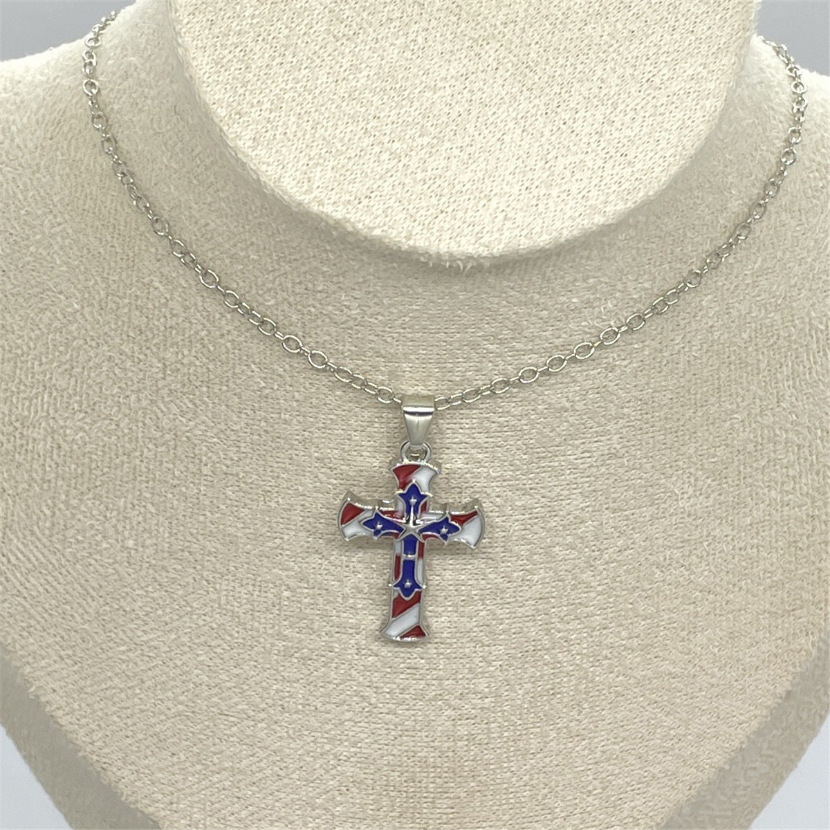 Flag Pattern Cross Necklace — silver necklace, view 4