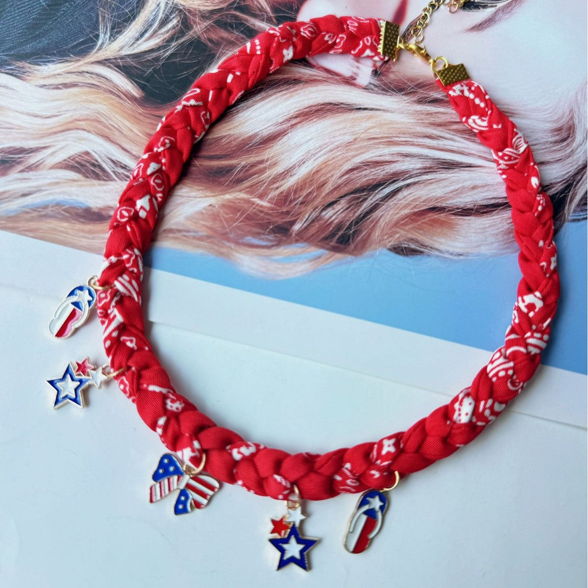 Woven Flag Pendant Choker — red necklace, view 3