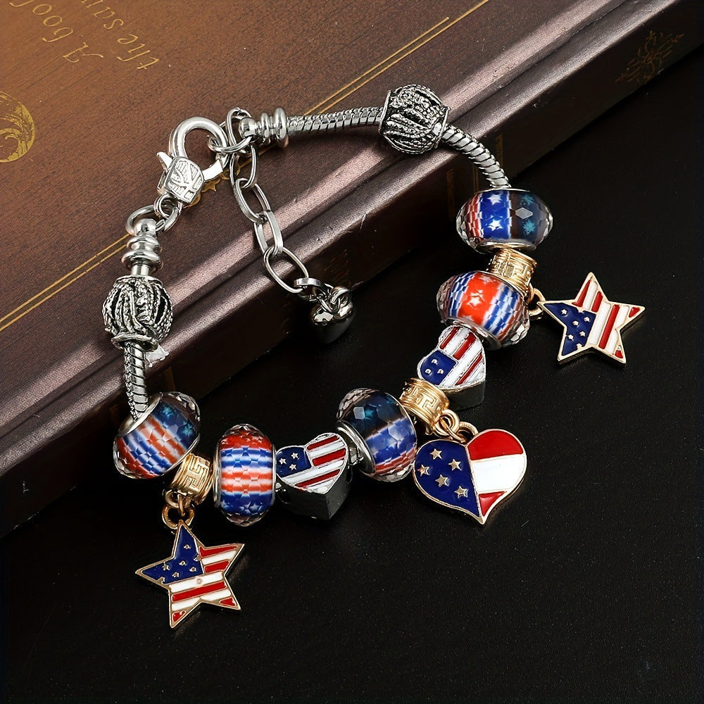 Flag Pattern Beaded Bracelet — silver bracelet, view 2