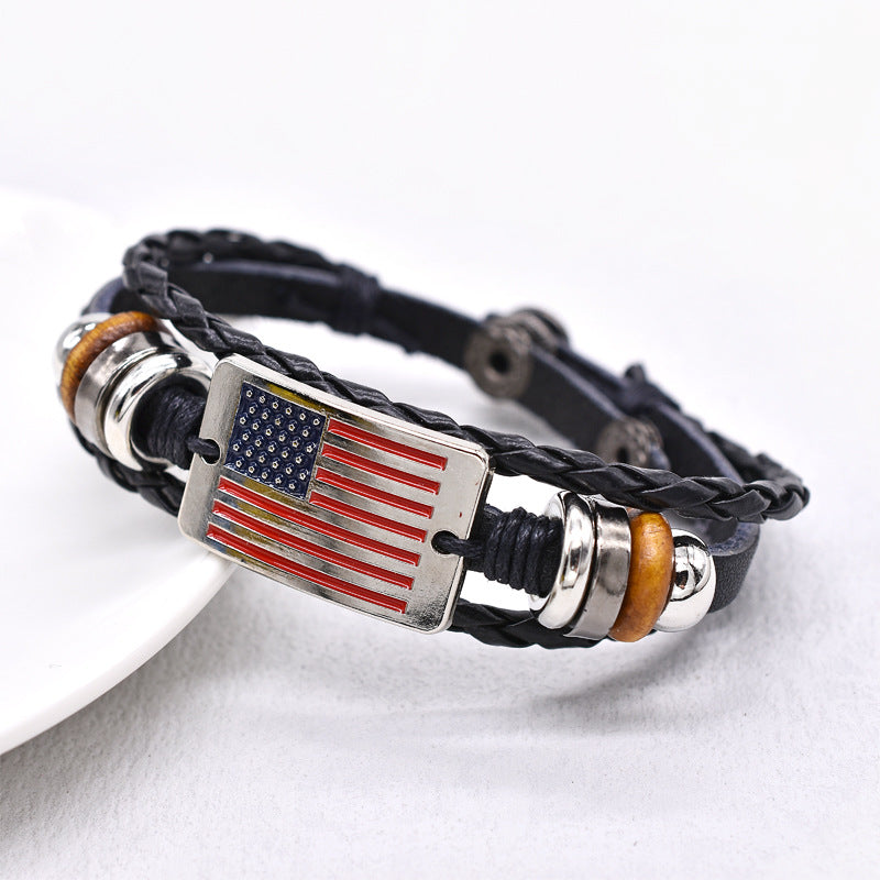 Woven Flag Pattern Leather Bracelet — black bracelet, view 2