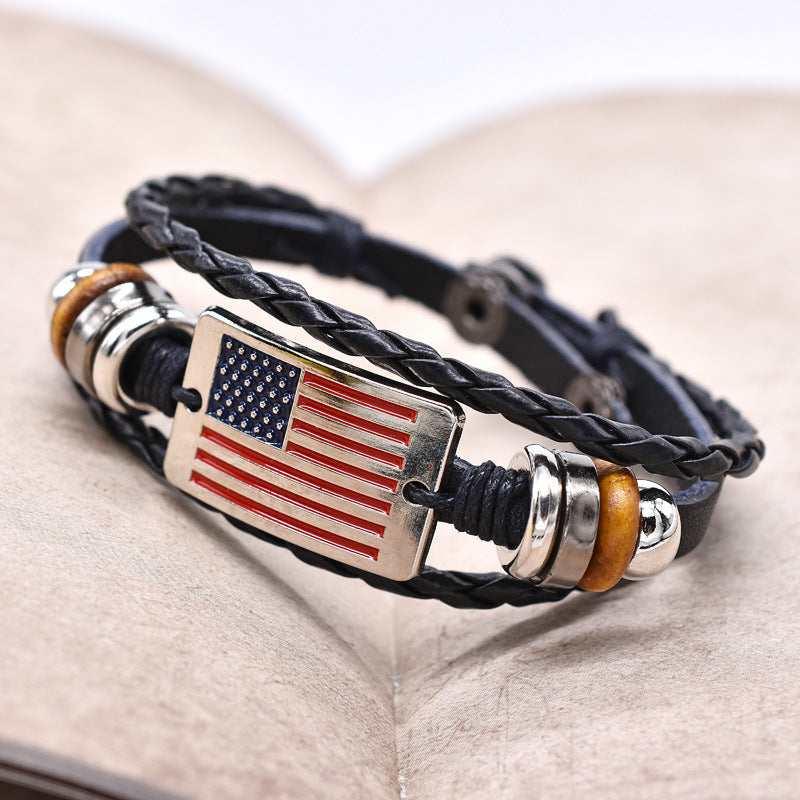 Woven Flag Pattern Leather Bracelet — black bracelet, view 3