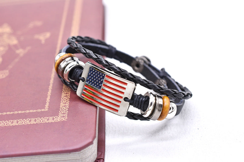 Woven Flag Pattern Leather Bracelet — black bracelet, view 4