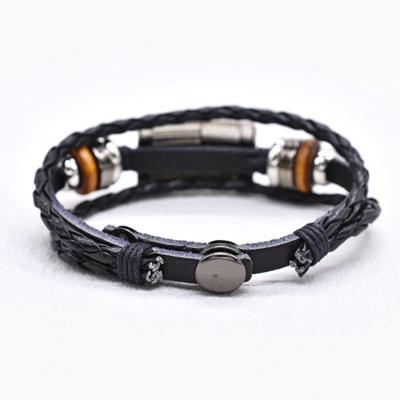 Woven Flag Pattern Leather Bracelet — black bracelet, view 5