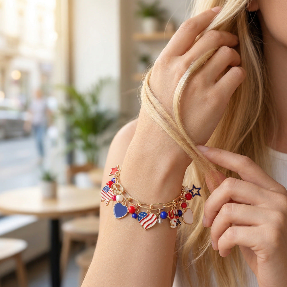 Flag Charm Tassel Chain Bracelet — gold bracelet, view 4
