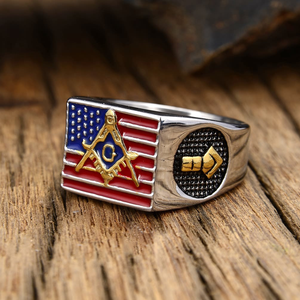 Layered USA Flag Steel Ring — silver ring, view 2