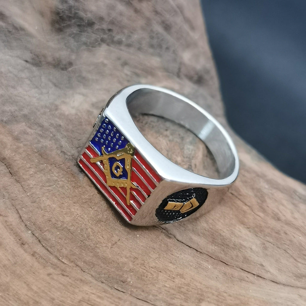 Layered USA Flag Steel Ring — silver ring, view 3