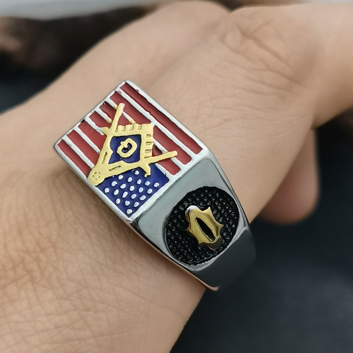 Layered USA Flag Steel Ring — silver ring, view 8