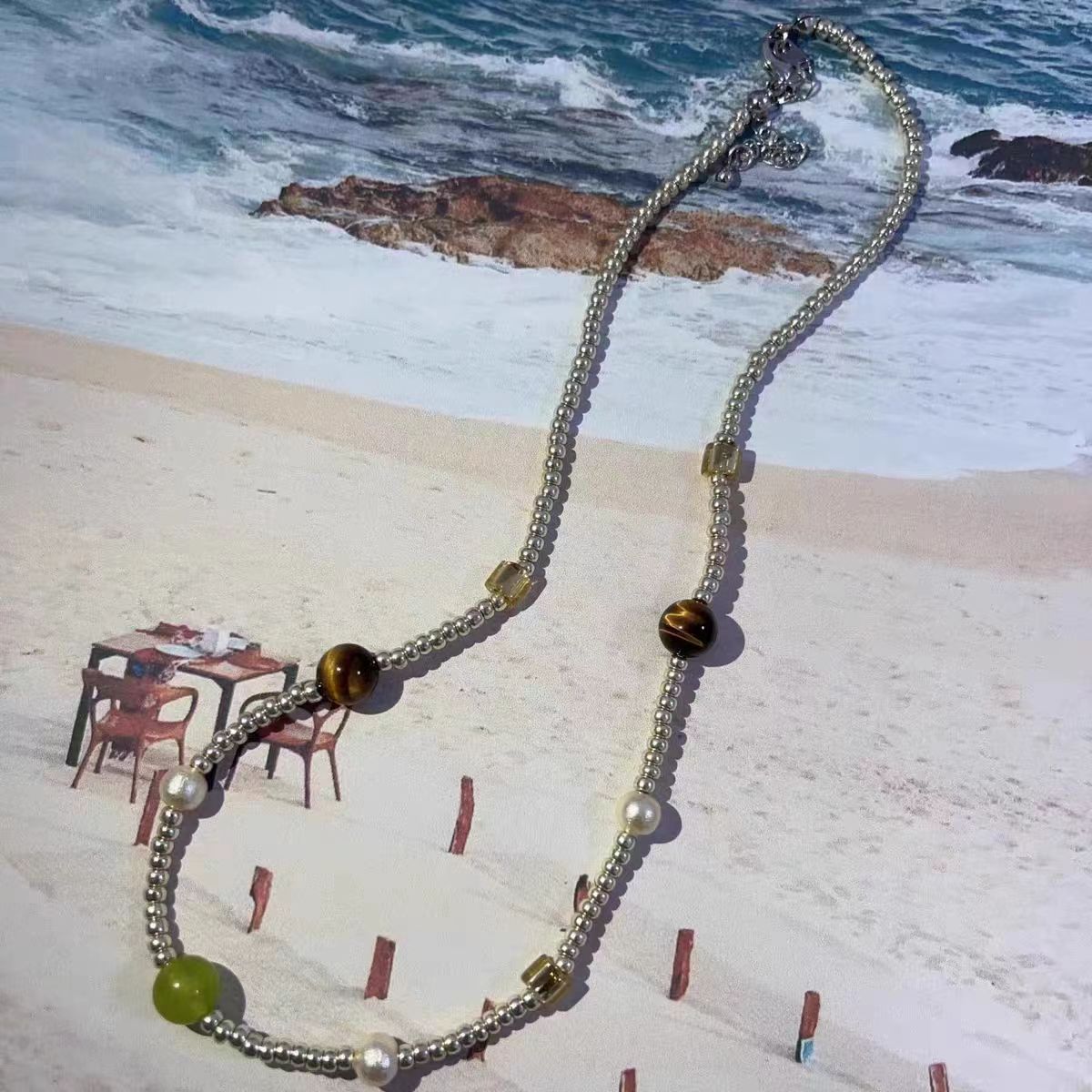 Pearl Beaded Chain Necklace — silver necklace, view 2