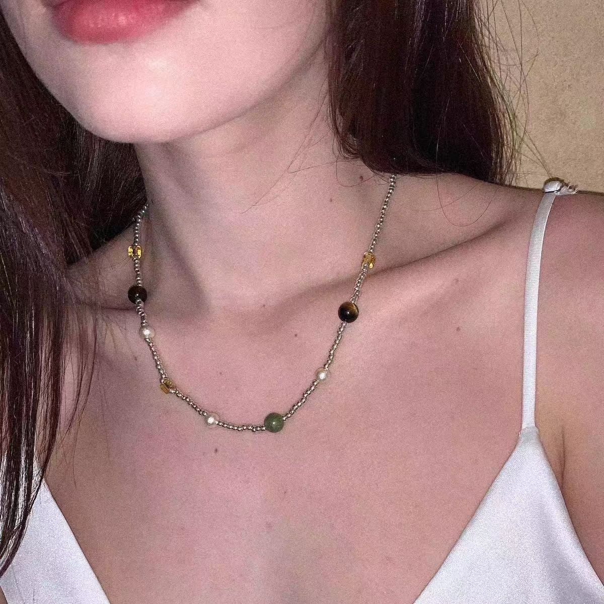Pearl Beaded Chain Necklace — silver necklace, view 3